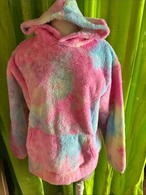 Girls' Plush Tie-Dye Hooded Pullover - Pink Multi